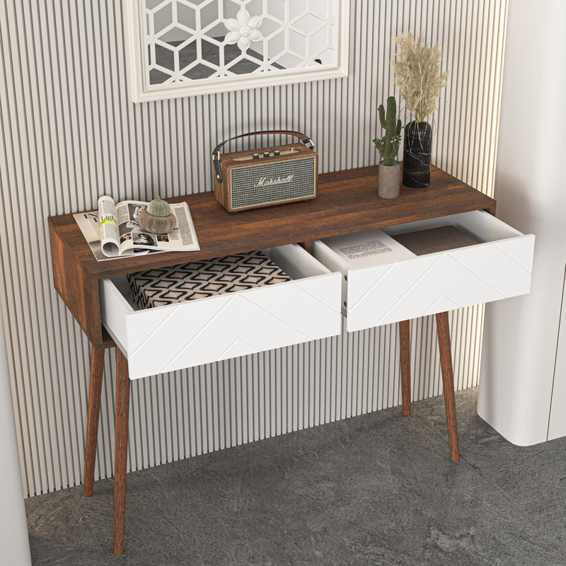 Modern Entryway Table with Carved Panel Drawers, Console Table with Storage Space and Wood Legs