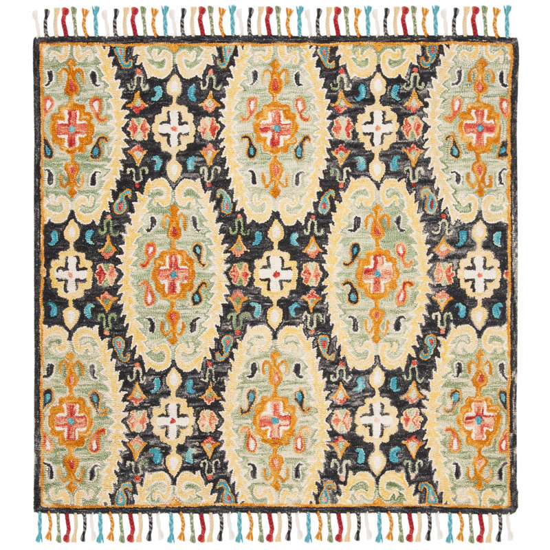 Tapis gris anthracite en laine noué à la main Ferrera Jahiem, Carré 6 pi
