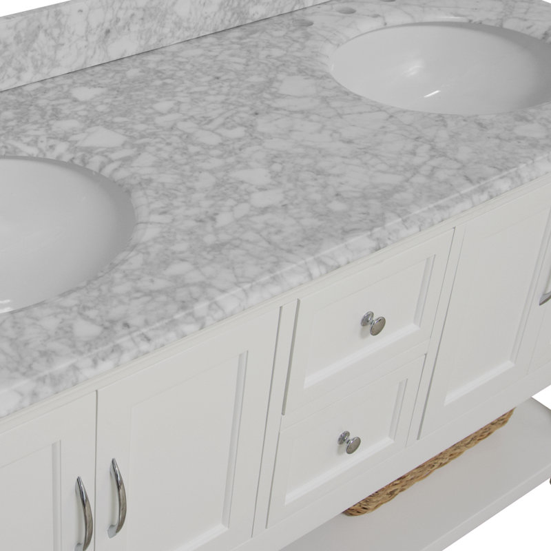 Hampton 60'' Double Bathroom Vanity with Top, White, Carrara Marble