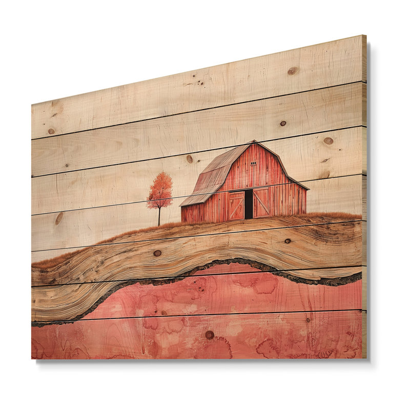Autumn Farm On A Wooden Slide Landscape II - Barn Wood Wall Decor - On Natural Pine Wood, 10" H x 20" W x 0.78" D