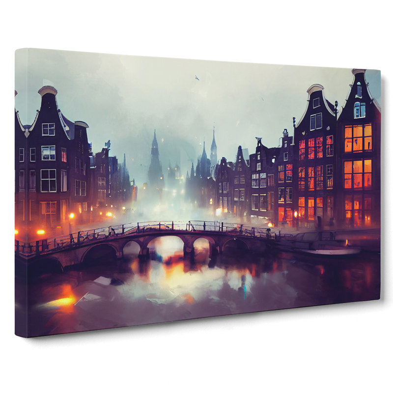 Amsterdam Canal At Night - Wrapped Canvas Print, 50cm H x 76cm W x 3cm D