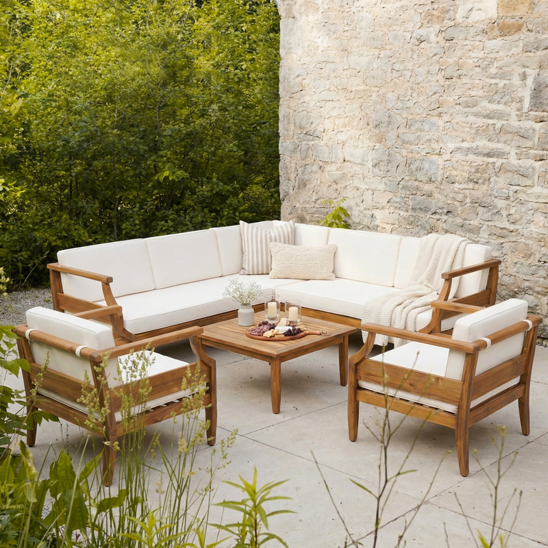 Mcclurg Mid-Century Modern Acacia Wood Outdoor Conversation Set With Sectional, Club Chairs, Cream, No