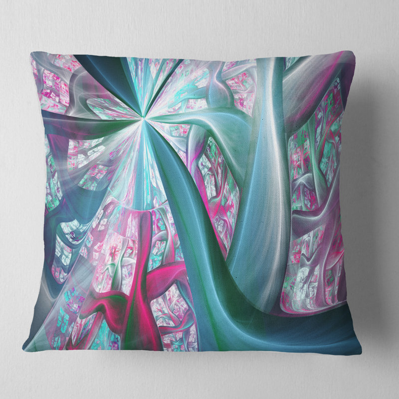 Tiges de plantes fractales - coussin imprimé abstrait, 18 po x 18 po, Bleu / Rose, Coussin décoratif