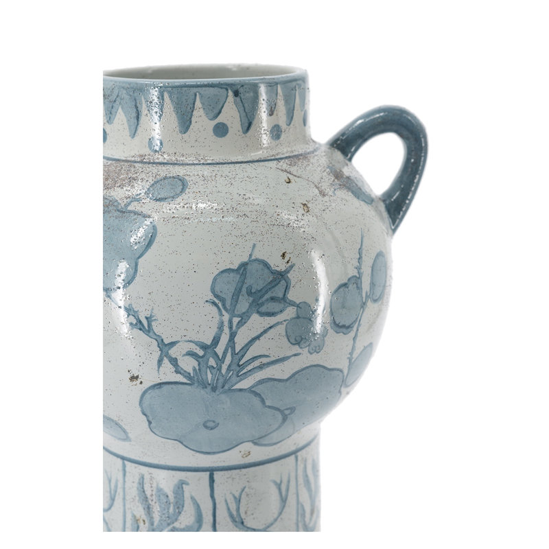Vase en céramique bleu et blanc avec motif floral abstrait et poignées jumelles
