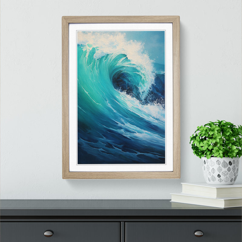 Ocean Action No.2 - Single Picture Frame Print on Wood, 34cm H x 25cm W x 2cm D, Oak