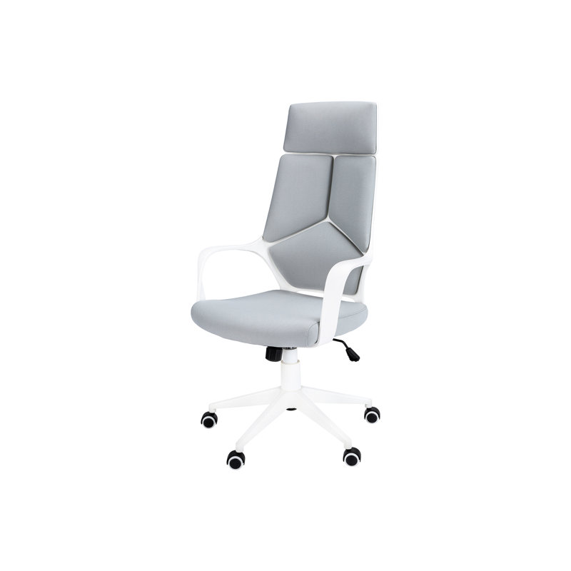 Chaise de bureau ergonomique en maille grise et en métal blanc, siège très large et profond avec pivot réglable à 360 degrés, base en métal
