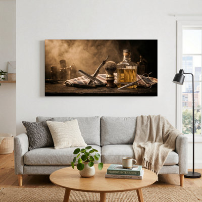 Ensemble de 1 tableau sur toile représentant des outils de barbier