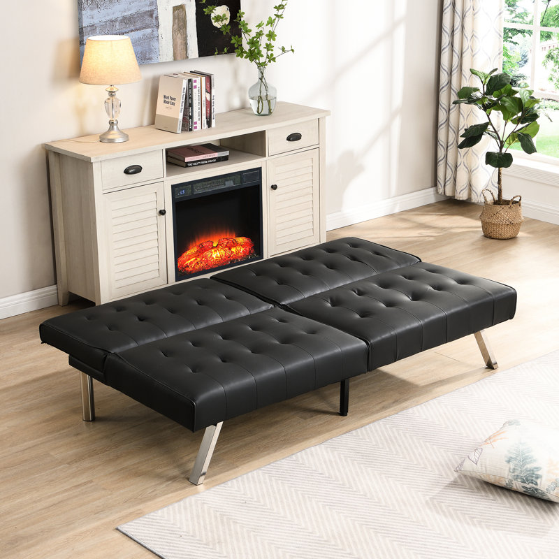 Bed In Black Leather, Wood Frame, Stainless Leg, Fits Bedroom & Dorm Frame And Leg Futon, 66Lb Package Weight