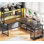 Bureau de jeu en L avec huche, bureau d'ordinateur de coin réversible de 57,5 po avec tablettes de rangement, bureau de jeu avec panneau perforé, lumières à DEL, prise de courant, plateau à clavier