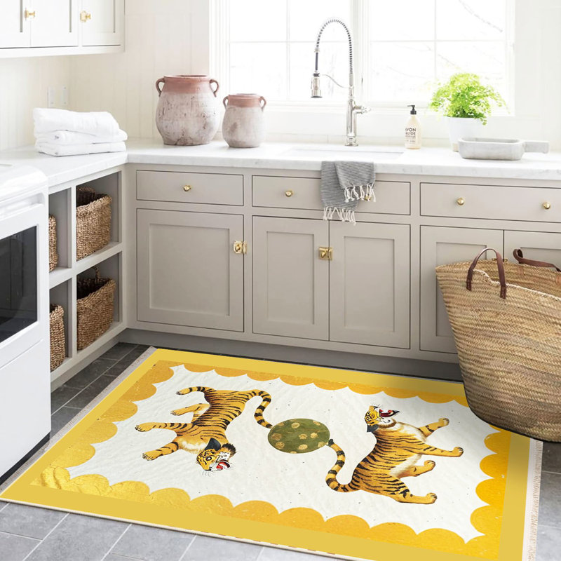 Tapis décoratif moderne à motif tressé à motif de deux tigres de la collection Rio