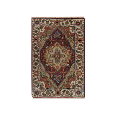 Rouge brique 2 pi 1 po x 3 pi, reproduction Heriz fine antique, motif en médaillon, noué à la main, velours doux, laine de Nouvelle-Zélande filée à la main, colorants végétaux, tapis, échantillon, tapis oriental