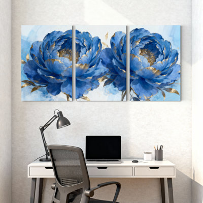 Pivoine pivoines bleues avec accents dorés sur fond blanc, ensemble de 3 impressions sur toile