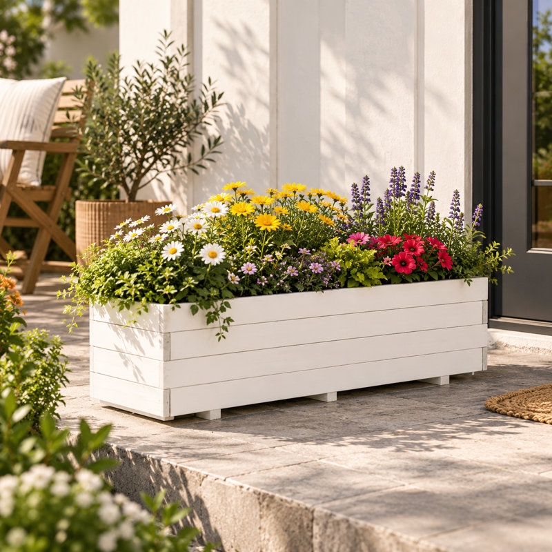 Boîte à fleurs d'extérieur en bois massif New Design, H 12,6 po x l 47,2 po x P 15,7 po, Blanc