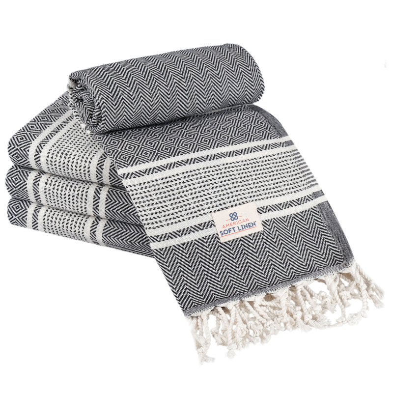 40x70" Size 4 Pack Turkish Peshtemal Beach Towels, Black