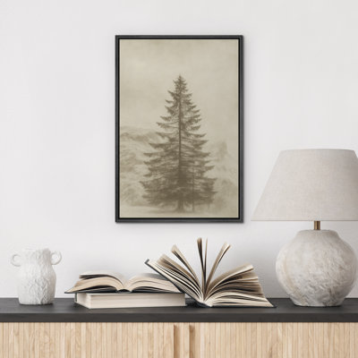 Majestic Pine Tree Wall Art - Monochrome Mountain Landscape in Sepia Style, Framed Minimalist Nature Print for Calm Interior Styling