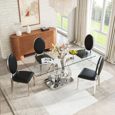 Modern 69" Rectangular Glass Dining Table Set, Tempered Glass Top, Polished Stainless Steel S-Shaped Base, And PU Leather Oval-Back Chairs