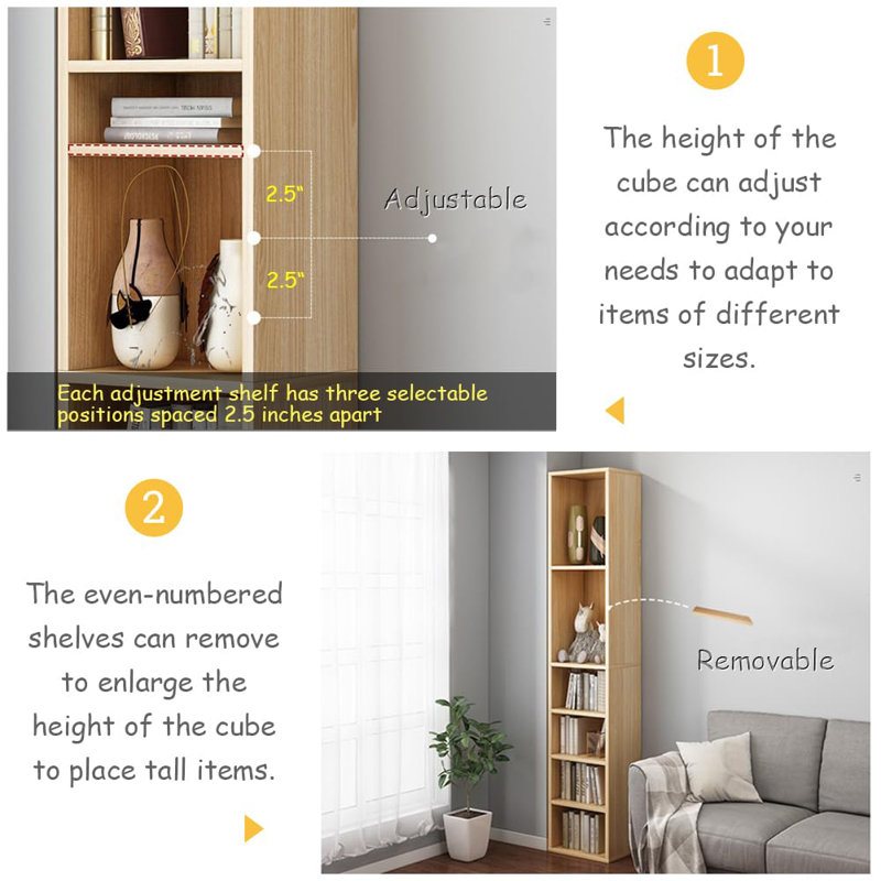 7-Shelf Freestanding Corner Bookcase, White, 8-cubes: 12.99"(W) x 11.81"(D) x 70.87"(H)