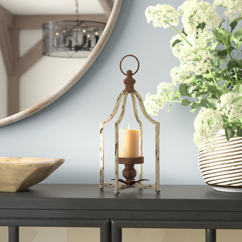 Metal Tabletop Lantern, 16.5" H x 8" W x 8" D, White/Brown, 1