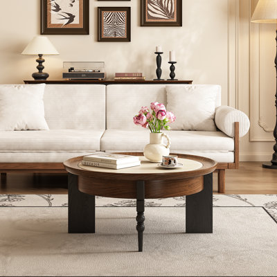 33.46" Round Coffee Table with Storage Drawers, Farmhouse Style Circular Center Table for Small Living Spaces