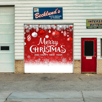 Bannière de porte de garage Merry Christmas Happy New Year, décor de flocon de neige canne à sucre rouge argenté 7 x 8 pi pour les fêtes et l'hiver