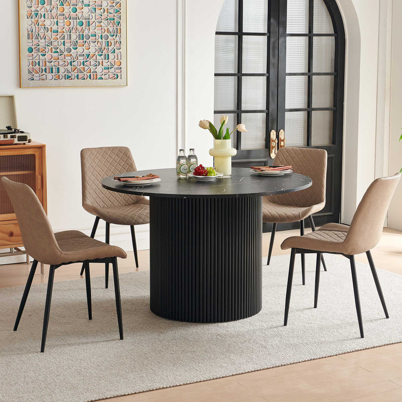 4-Person Dining Set, Black Marble, Beige