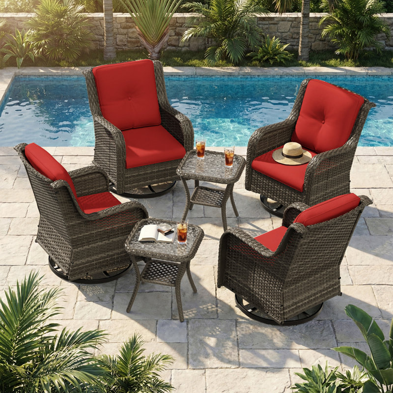 Ensemble de 6 chaises berçantes pivotantes en osier avec coussins rouges et tables basses, Rouge