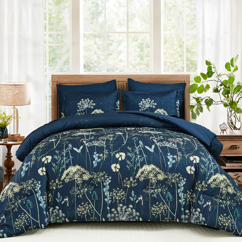 Ensemble d'édredon floral 7 pièces Dandelion, Marine, Édredon de très grande taille et 6 pièces suppl