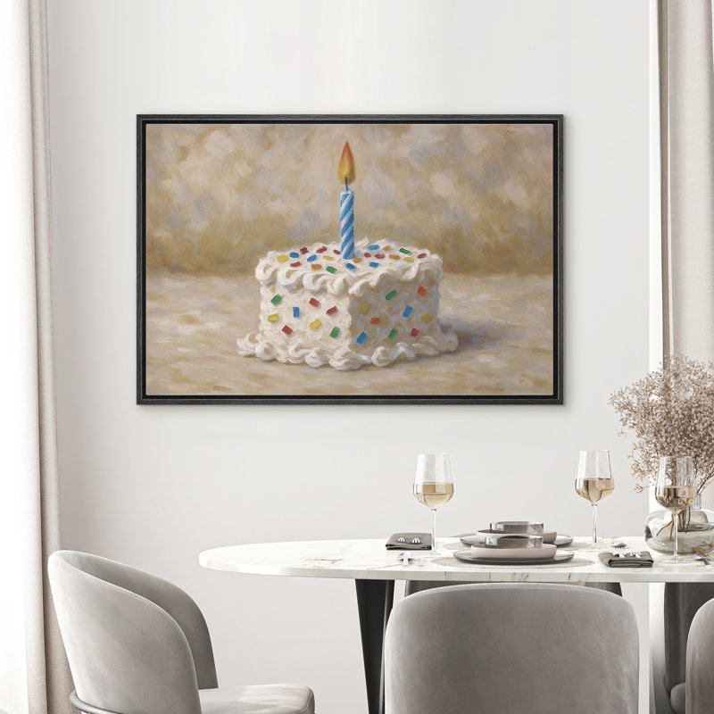 Birthday Cake with Candle Celebration Decor - Framed Canvas Wall Art Print, 16" H x 24" W, Black