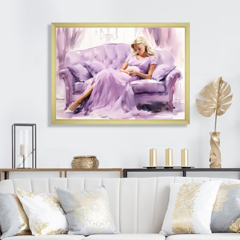 «Purple Woman Elegance On Coach - Dior», art mural, Cadre d'angle fermé doré, H 30 po x l 40 po x P 1,5 po