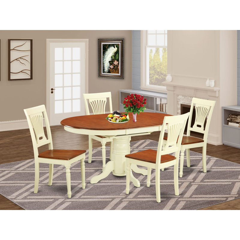 L'ensemble 5 pièces de table et chaises de cuisine comprend une table de salle à manger ovale avec rallonge papillon et 4 chaises en bois massif, babeurre et cerise