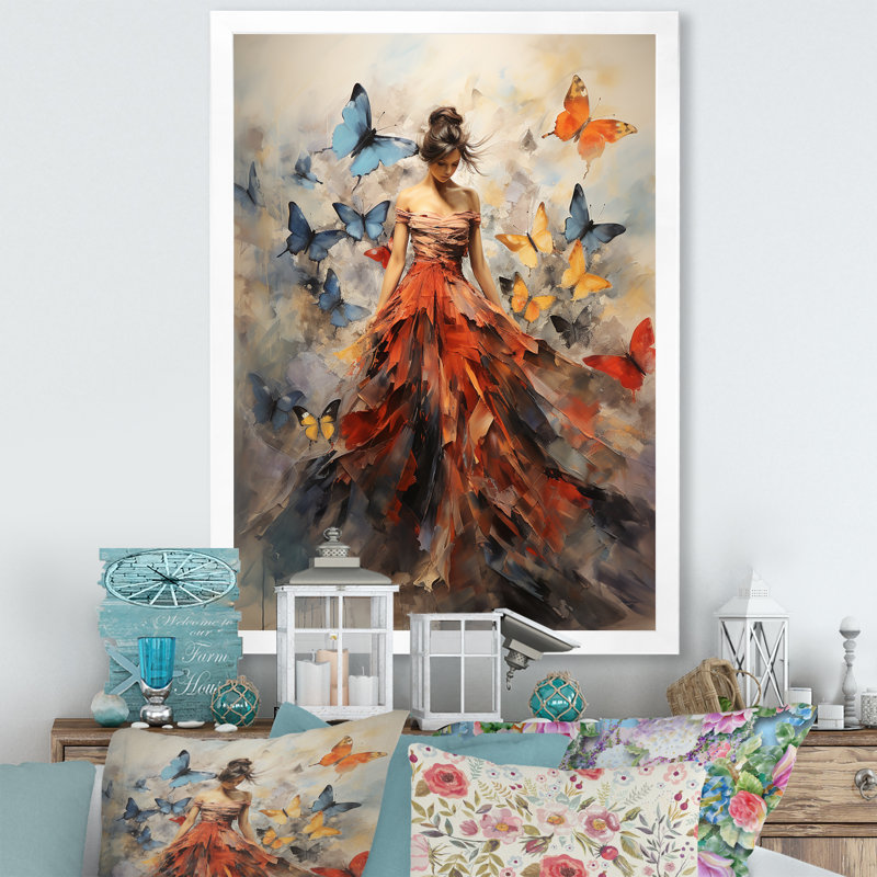 Papillon et femme dansant I - art mural papillon, H 44 po x l 34 po, Cadre photo unique, Blanc