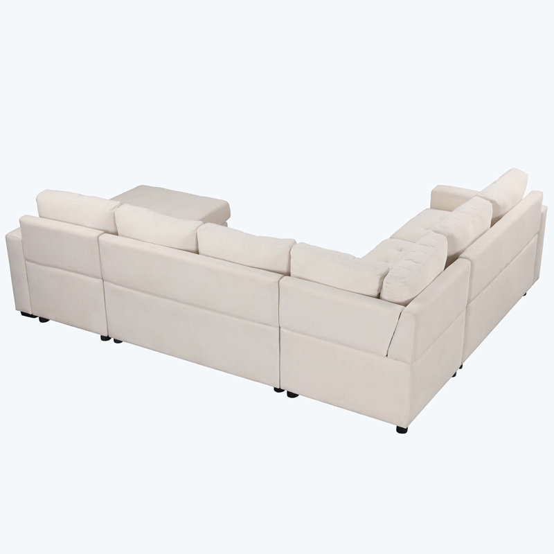 Sectional Sleeper Sofa Bed with Lounge Chair, USB and Type-C Interfaces, Beige Polyester