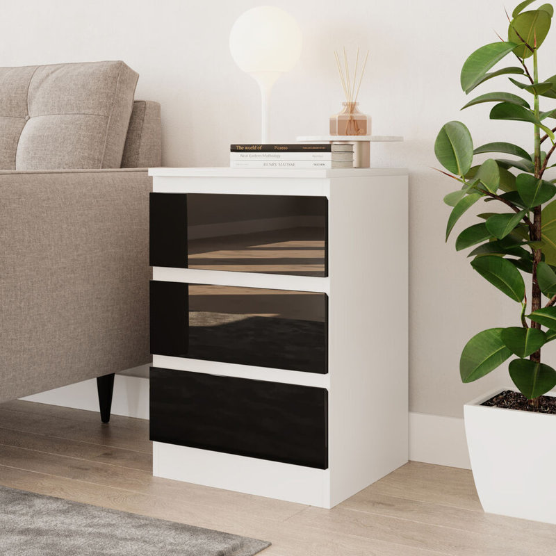 Gloss 3 Drawer Skagen High Wooden Bedroom Chest Cabinet No Handle Drawer Storage, White/Black