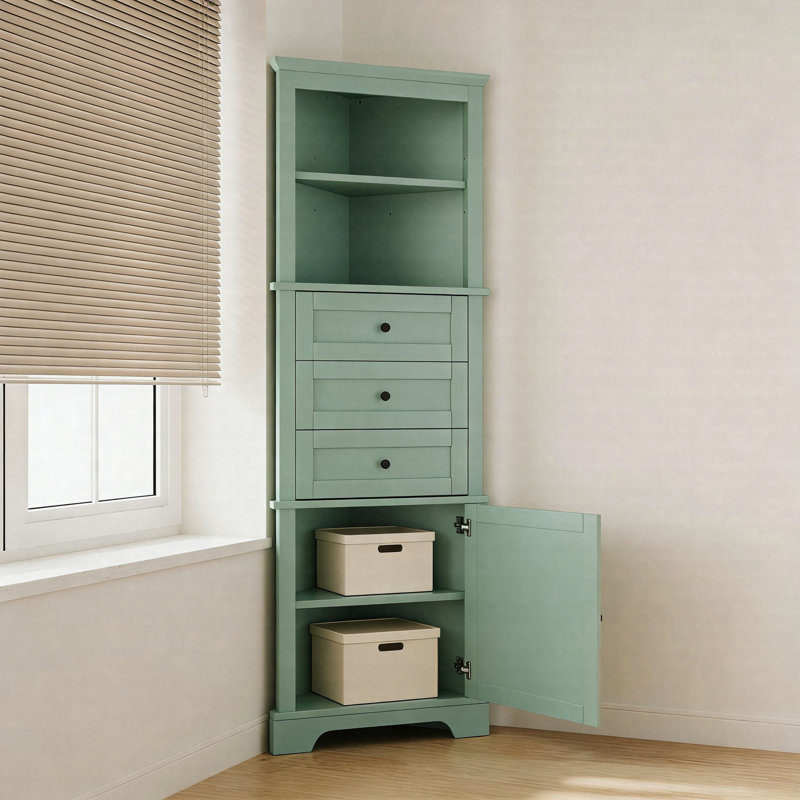 Triangle Tall Corner Cabinet With 3 Drawers And Adjustable Shelves, MDF Storage Cabinet For Bathroom, Kitchen, Or Living Room