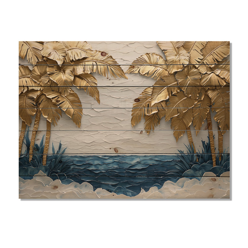 «Golden Aqua Palms On The Beach II», art mural bois de palmiers et de palmiers - sur bois de pin naturel