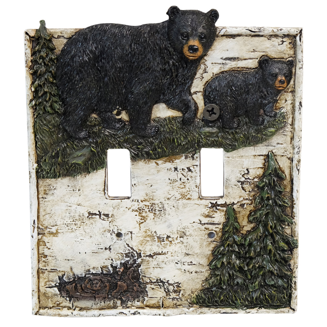 Black Bears on Birch Wood Double Toggle Switch Decorative 2-Gang Wall Plate / Switch Wall Cover (Set of 2) De Leon Collections