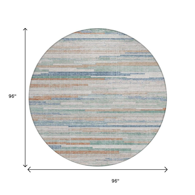 Tapis intérieur lavable rayé rond 8 pi Lin and Pale Aqua