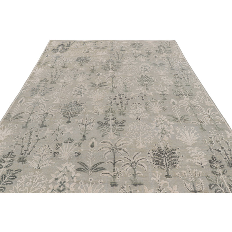 Rug & Kilim’S Modern Block Print Rug In Silver-Gray & Teal With Floral Patterns, Rectangle 6' x 9'