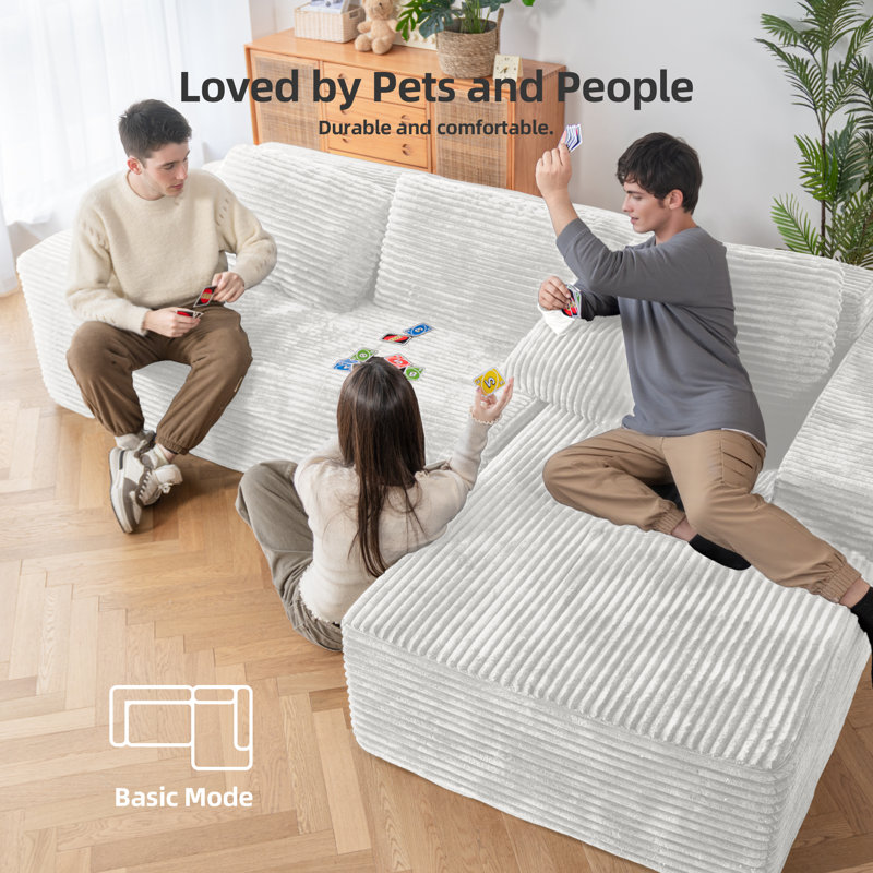 Boneless 104" W Beige Corduroy Upholstered Modular Sectional Sofa with 5 Pillows, 2-Piece Convertible Sleeper, No Assembly Required