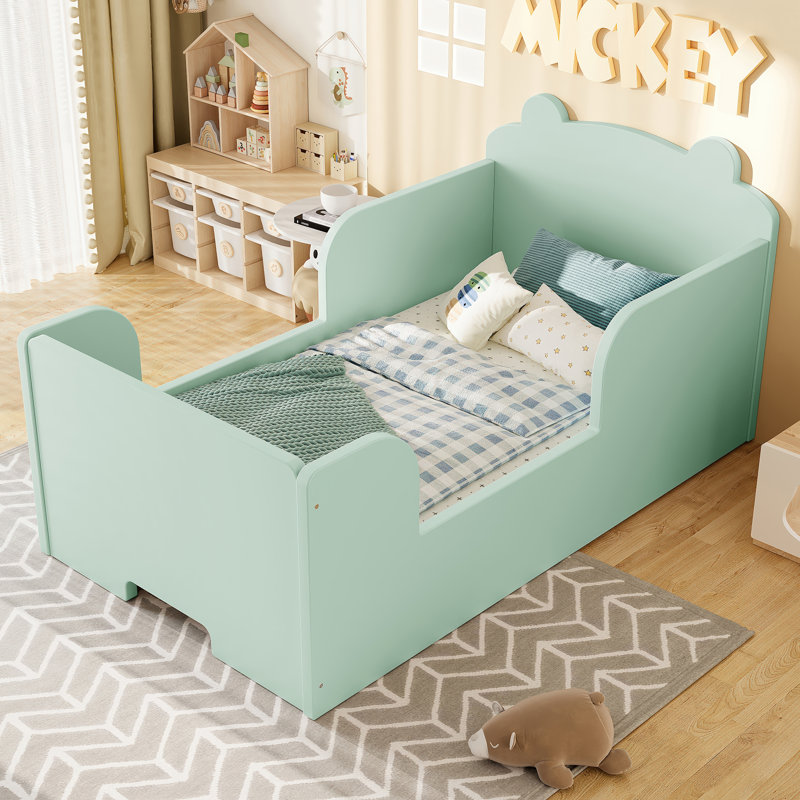 Bear-Shaped Toddler Floor Bed for Ages 3-6, Safe Pine Wood Cot with Rounded Corners, Green, Green