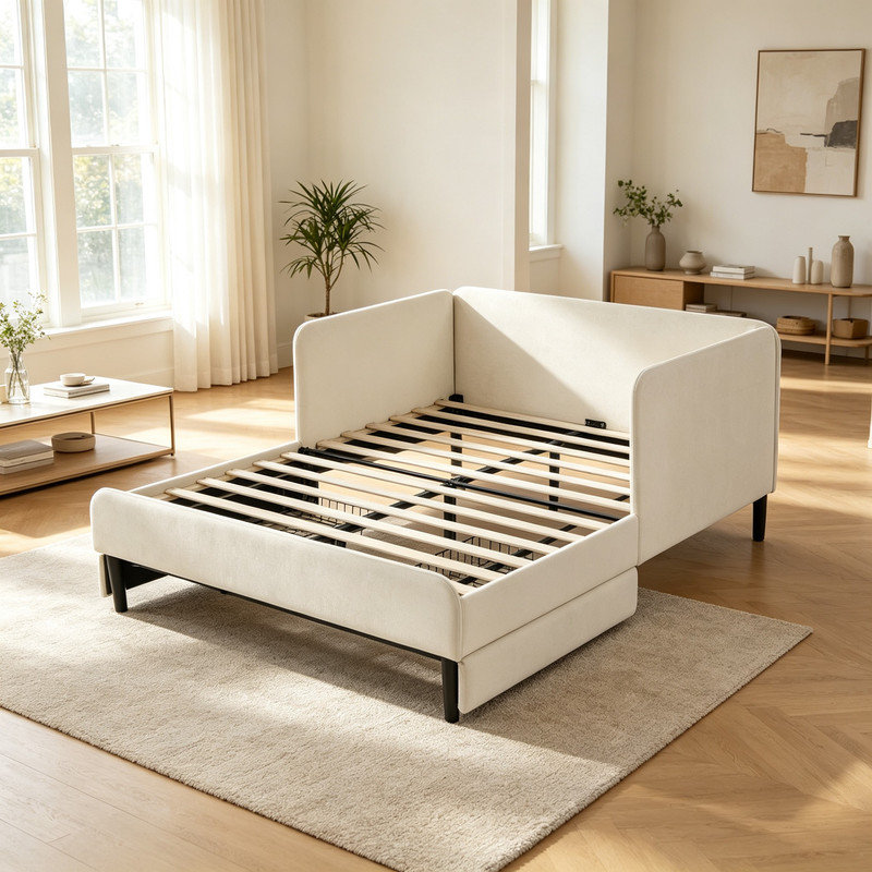 Structure de lit double tapissier pleine grandeur avec deux tiroirs de rangement, canapé-lit réglable en velours, beige