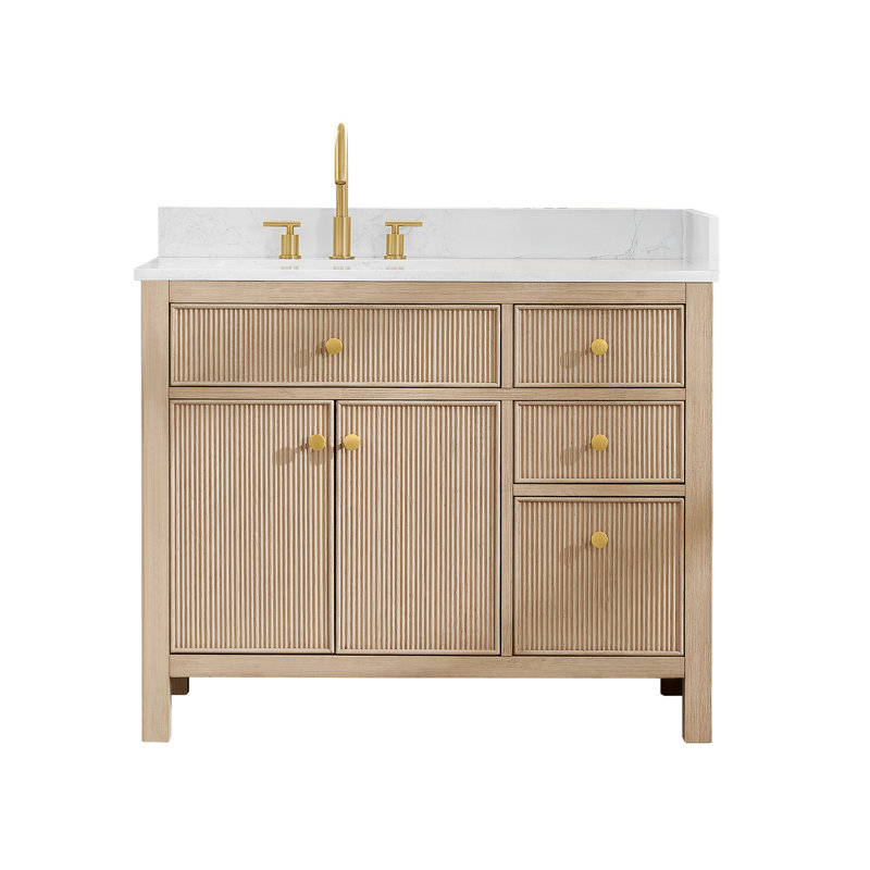 Lala 42" Single Bathroom Vanity with Grain White Engineered Stone Countertop without Mirror, Natural Oak