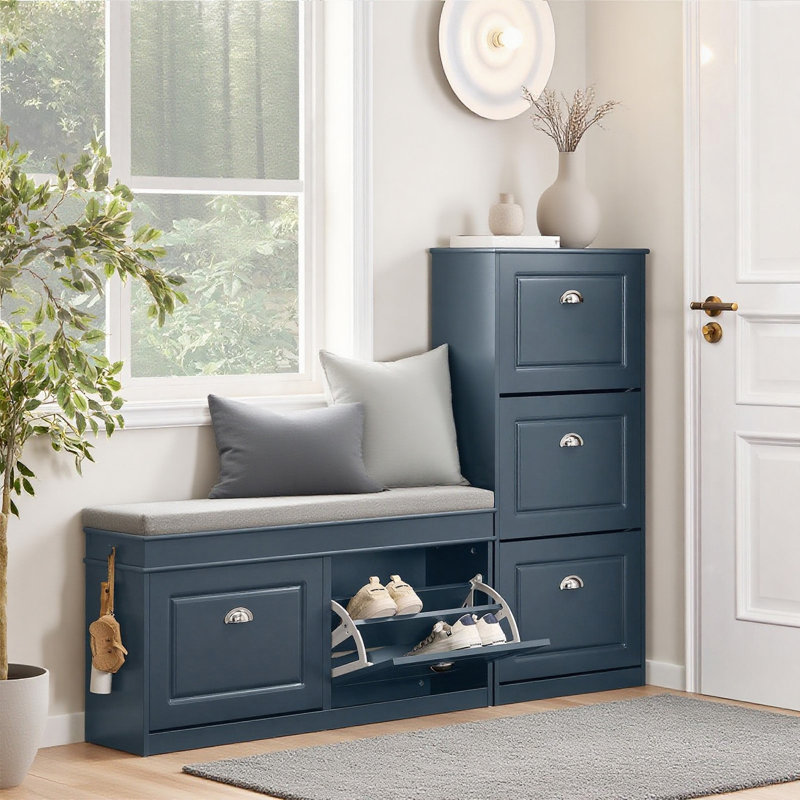 Moriah 8 Pair Shoe Storage Bench, Blue/Silver