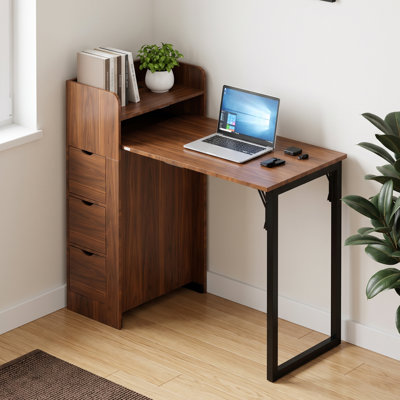 Bureau mural pliable de 95 cm de haut avec tiroirs et borne de recharge, idéal pour les petits espaces, chambre, appartement et résidence étudiante.