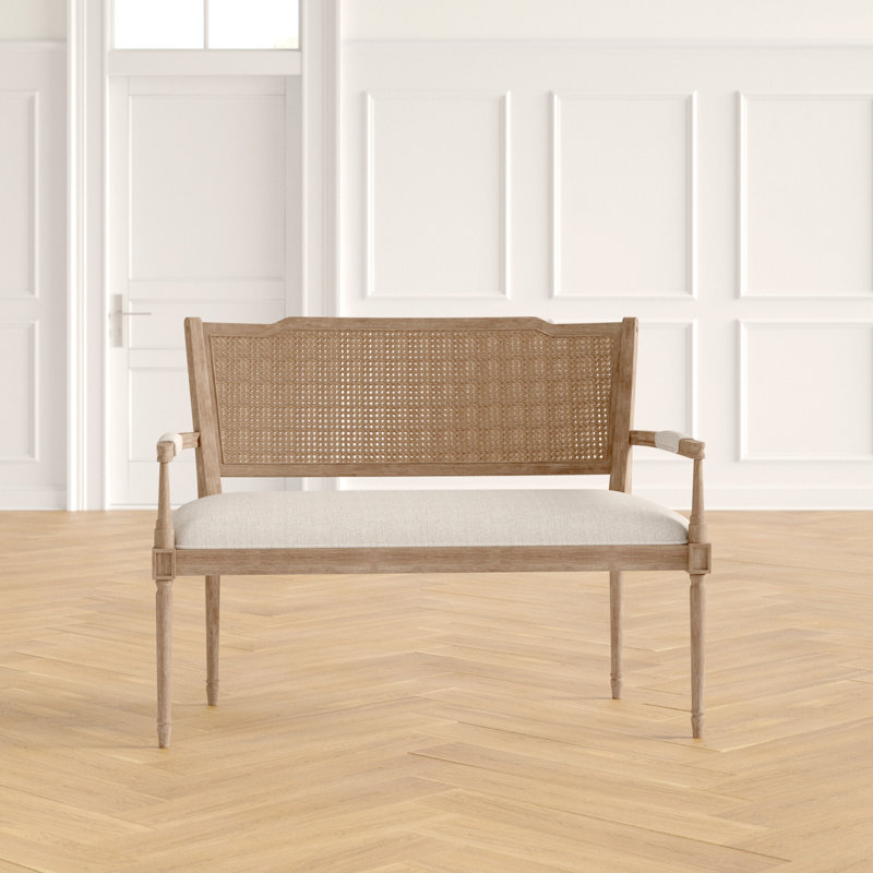 Beige Faux Leather Chesterfield Settee with Rattan Backrest