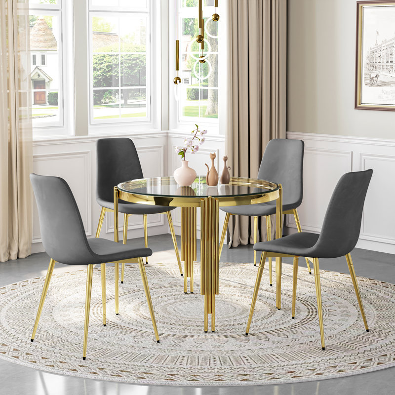 Round Glass Dining Table Set For 4, Modern Irregular Stainless Steel Table With Velvet Cushioned Chairs, Clear/Gold