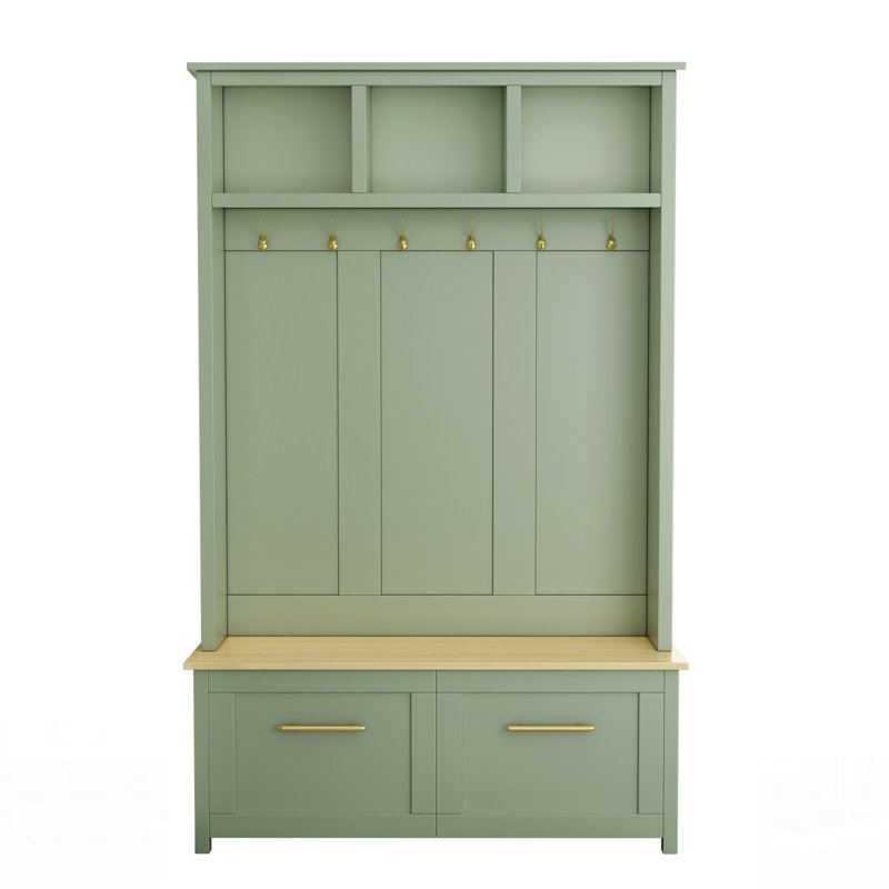 Versatile 4-In-1 Hall Tree With 6 Hooks, Wood Grain Bench, Multiple Storage, Entryway Coat Rack, 2 Drawers, Mint Green