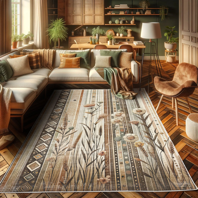Earthy Tan and Pale Teal Striped Synthetic Area Rug 2'3" x 3'9"