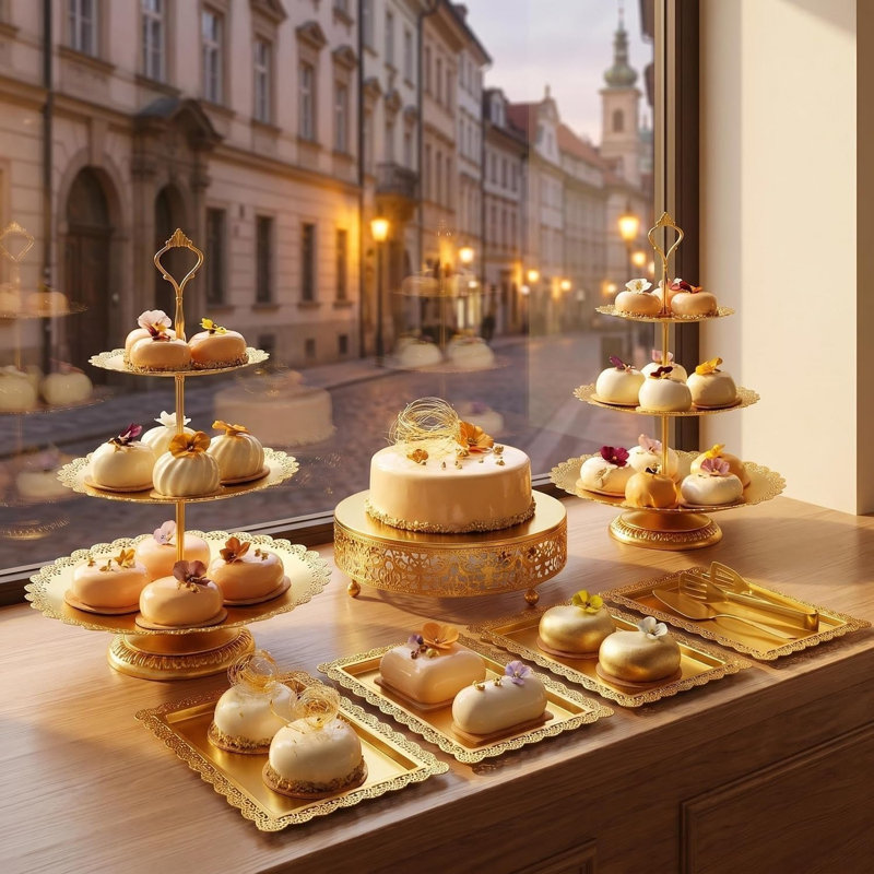 Ensemble de 11 présentoirs à desserts, supports et socles en métal doré, élégants et parfaits pour les fêtes et les mariages.