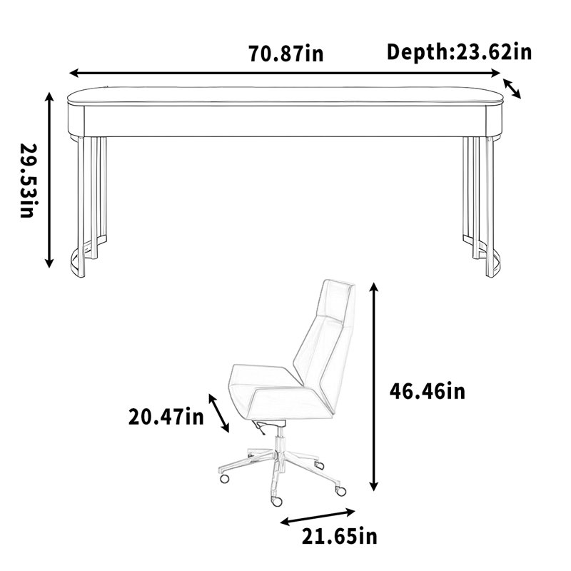 Bureau d'écriture simple en granit, H 29,53 po x l 70,87 po x P 23,62 po, Noir